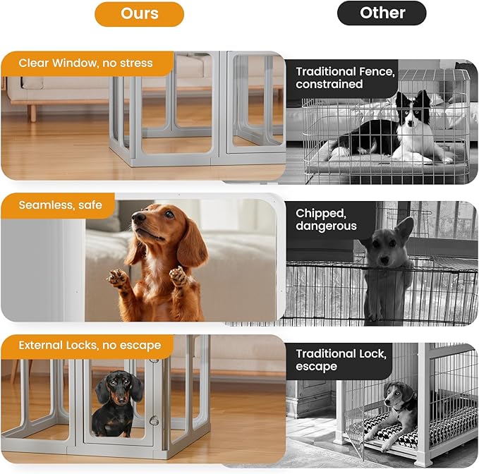 Clear Acrylic Dog Playpen - 33.4 x 33.4 Inch, 24" H 8 Planes Transparent Dog Fence Indoor, Sturdy Pet Pen for Puppy/Small Dog/Rabbit/Pig, Easy Assemble & Cleaning Plastic Whelping Box Enclosure, Grey