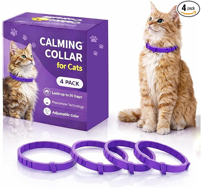 Calming Pheromone Collar for Cats, 4-Pack, Adjustable, Long-Lasting 60-Day Stress & Anxiety Relief, Noise Reduces & Anxiety Separation, Purple