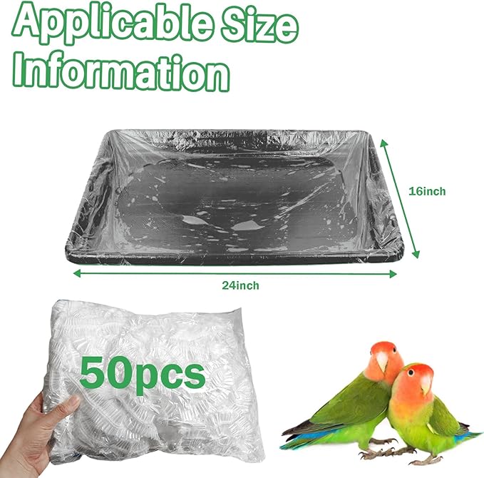 50 Pack Disposable Bird Cage Liners, Clear Plastic, 24 * 16 Inches, Leak-Proof, Universal Tray Liner Bags for Parrots, Canaries, Cockatiels
