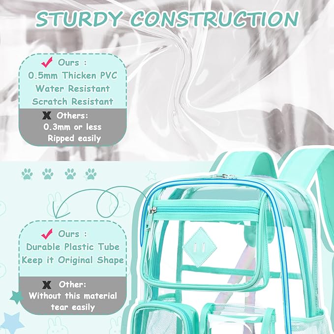 PIG PIG GIRL Clear Backpack for School,Heavy Duty PVC Transparent Bookbag for Girls Stadium Approved See Through Backpack