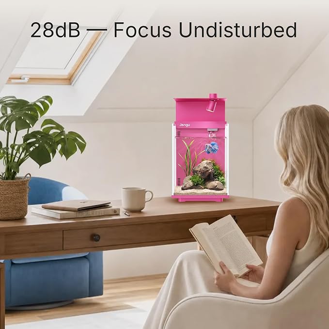 2.1 Gal Betta Fish Tank, Ultra Clear Glass Desktop Aquarium Starter Kit | Hidden Back Filter, Quiet Pump, LED Light, All-in-One Nano Aquarium for Desk, HotPink