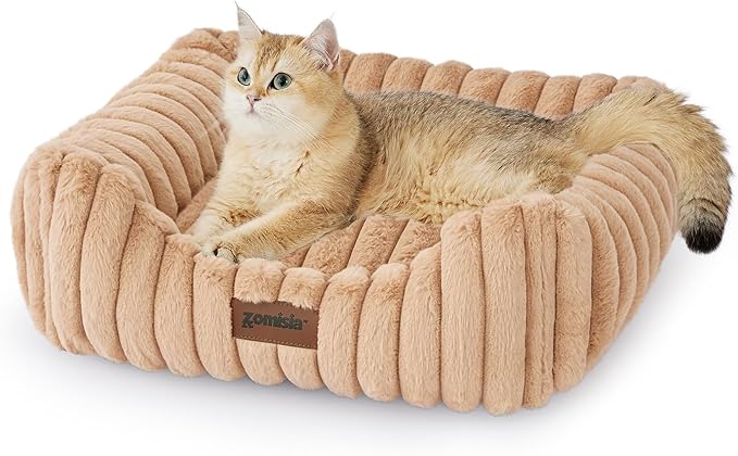 ZOMISIA Small Dog Beds for Small Dogs - Washable Cat Beds for Indoor Cats, Rectangle Orthopedic Puppy Bed with Fluffy Removable Cover, 20x19x7inches, Camel