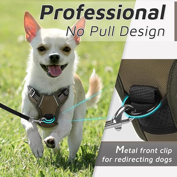 Eagloo Small Dog Harness No Pull, Service Vest with Reflective Strips and Control Handle, Adjustable and Comfortable for Easy Walking, No Choke Pet Harness with 2 Metal Rings, Brown, XS