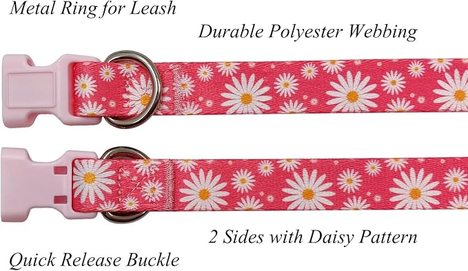 Dog Collar Leash Set, Floral Pattern, Polyester Material, Adjustable Collar and 5ft Matching Leash, for Large Dogs.(L, Daisy)