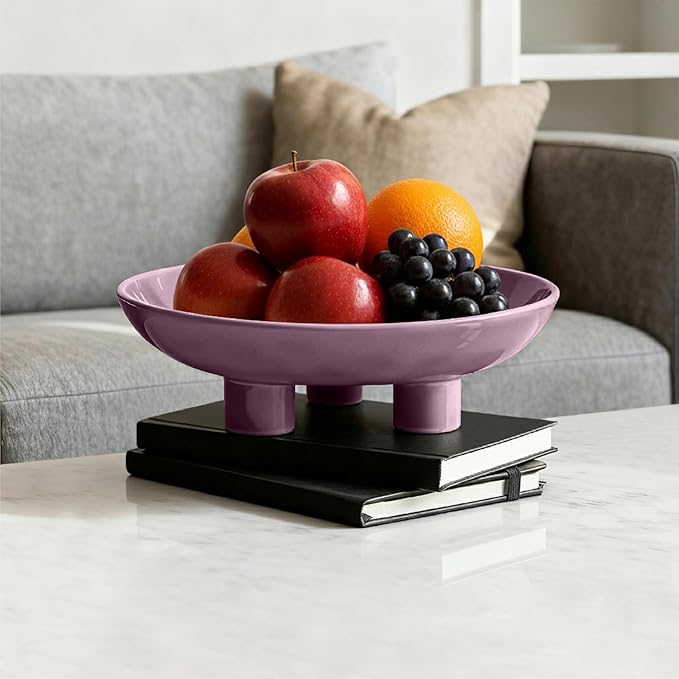 Three-Leg Ceramic Fruit Bowl, 10 Inch Oval Serving Dish for Kitchen Counter, Candy or Key Holder, Home Decor Accent Purple