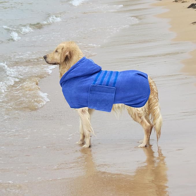 Geyecete Dog Drying Coat with Hood - Absorbent Robe Towel - Microfibre Fast Drying - Blue - XL