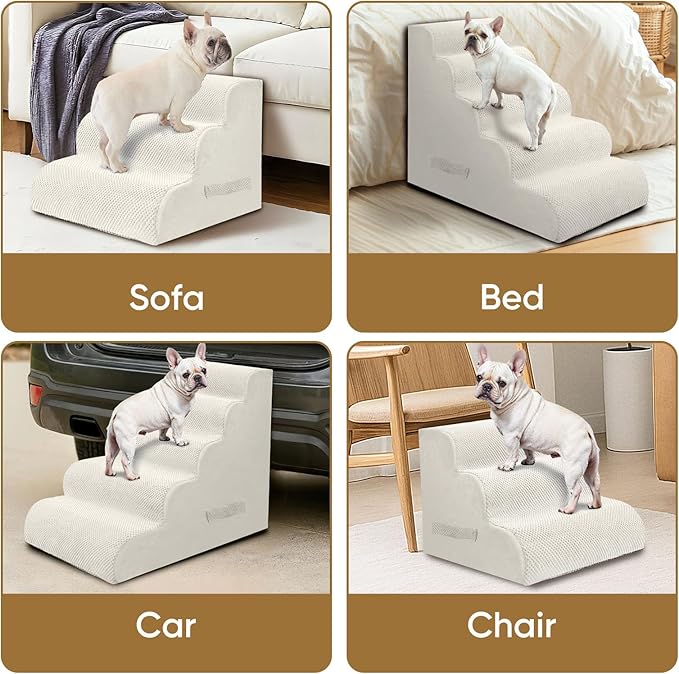 PAWSCRAT Pet Stairs for Dogs 4-Step, 19.6" H Pet Stairs for High Bed, Couch Sofa & Chair, 30D Material Soft Foam Dog Steps with Non-Slip Bottom Surface Removable Washable Cover, Beige