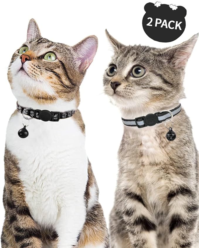 Taglory Reflective Cat Collar Breakaway with Bell, High Visibility Night Strip, Lightweight Adjustable Nylon Collar for Boy Girl Cats, 2 Pack, 7.5-12.5 Inch, Black