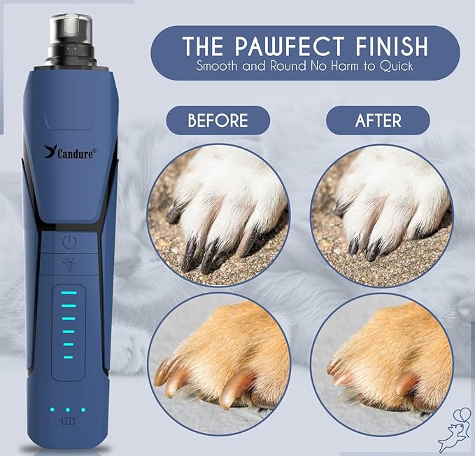 Candure Dog Nail Grinder Upto 6-Speed Dog Nail Trimmer for Large, Medium, Small Dogs, Cats & Pets - Low Noise Rechargeable Dog Claw Grinder with 360° LED Lights & Extra Grinder Head (Dark Blue)