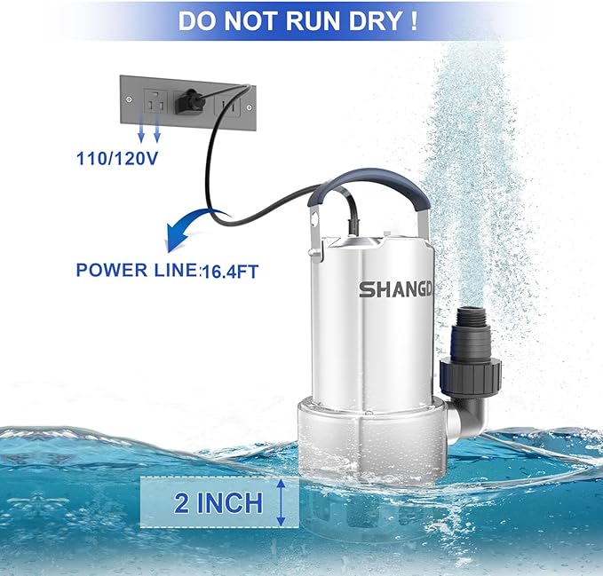 Sump Pump 1HP Submersible Water Pump 4500GPH Stainless Steel Electric Clean/Dirty Water Draining Transfer Pumps with Adapters for Pool Hot Tub Pond