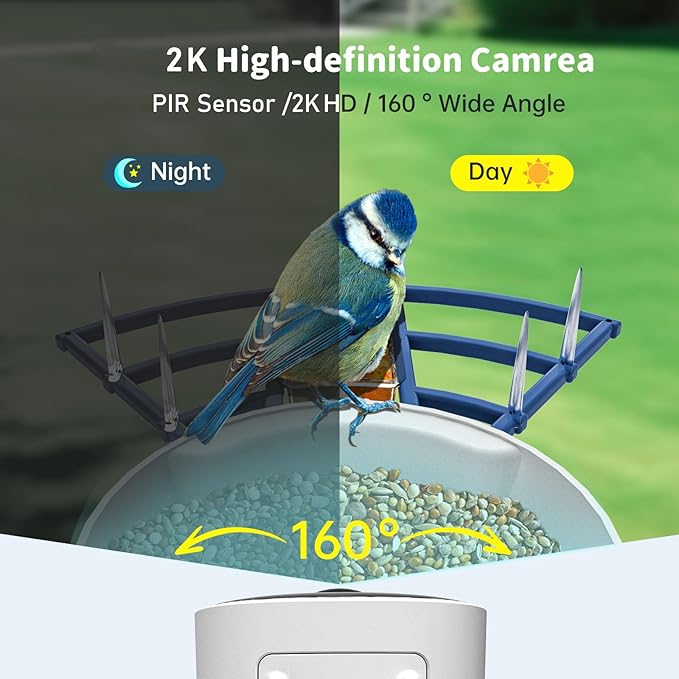 Smart Bird Feeder with Camera Solar Powered & AI Bi rd Identification, 2.4Ghz WiFi Bird feeders for Outdoors, 2K Live Video, Instant Arrival Alerts - Gifts for Women