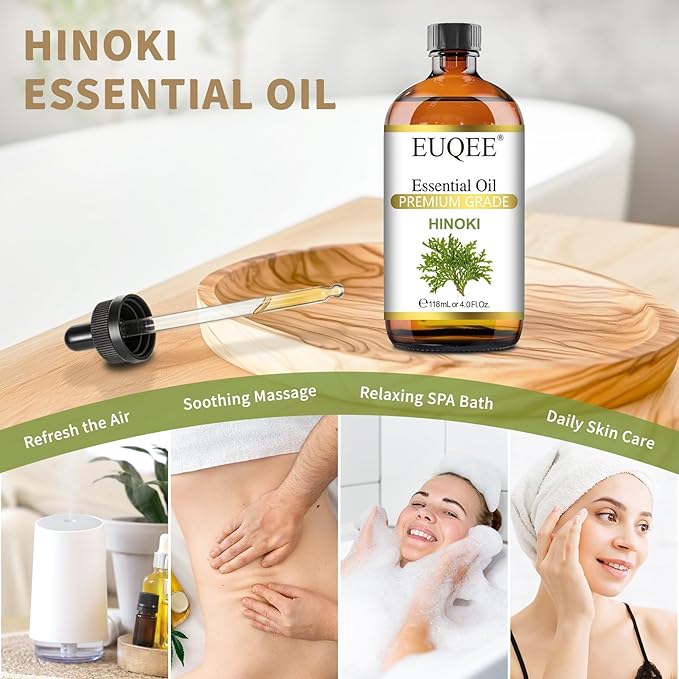 EUQEE Hinoki Essential Oil 118ml/4Fl Oz Pure Japanese Hinoki Oil Premium Natural Wood Scent Aromatherapy Oil with Glass Dropper for Meditation, Skincare, Diffuser, DIY Soap, Home Spa