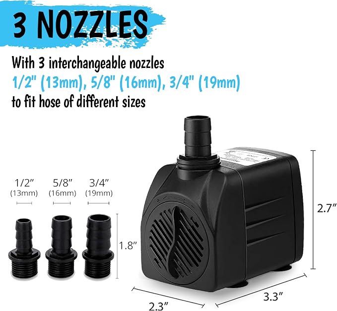 550GPH Submersible Pump 30W - Ultra Quiet Fountain Water Pump, 2000L/hr, 7.2ft High Lift, 3 Nozzles - Submersible Water Pump for Aquarium, Fish Tank, Pond, Hydroponics, Statuary (Compact 550GPH)