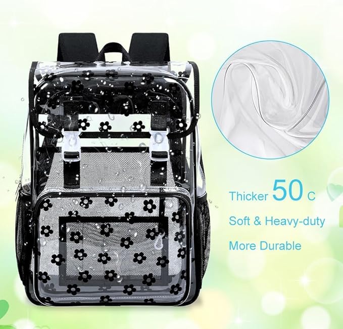 17" Plum Blossom Clear Backpack for Girls - 3Pcs Flip Design Stadium Approved Set, Campus/School Transparent Bookbag (Black)