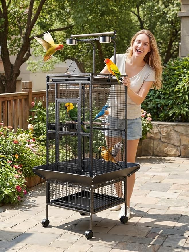 61" Large Parrot Cage with Rolling Stand, Wrought Iron Bird Cage for African Grey Macaw, Corner Design with Rooftop Play Area, Lockable Door & 360° Wheels, Heavy Duty Aviary Black