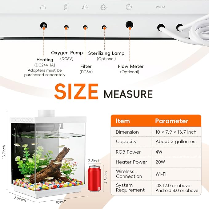 Smart 3.5 Gallon Glass Fish Tank, Aquarium Kit with APP Control and Auto Feeder, Temperature Display, RGB Color Light 3-in-1 Quiet Pump with Filter for Home, Office Corner