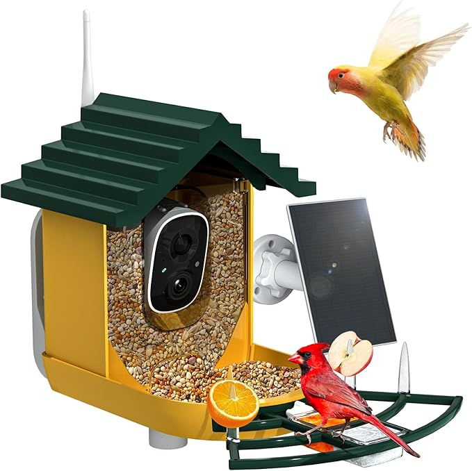 Smart Bird Feeder with Camera Solar Powered & AI Bi rd Identification, 2.4Ghz WiFi Bird feeders for Outdoors, 2K Live Video, Instant Arrival Alerts - Green-Yellow