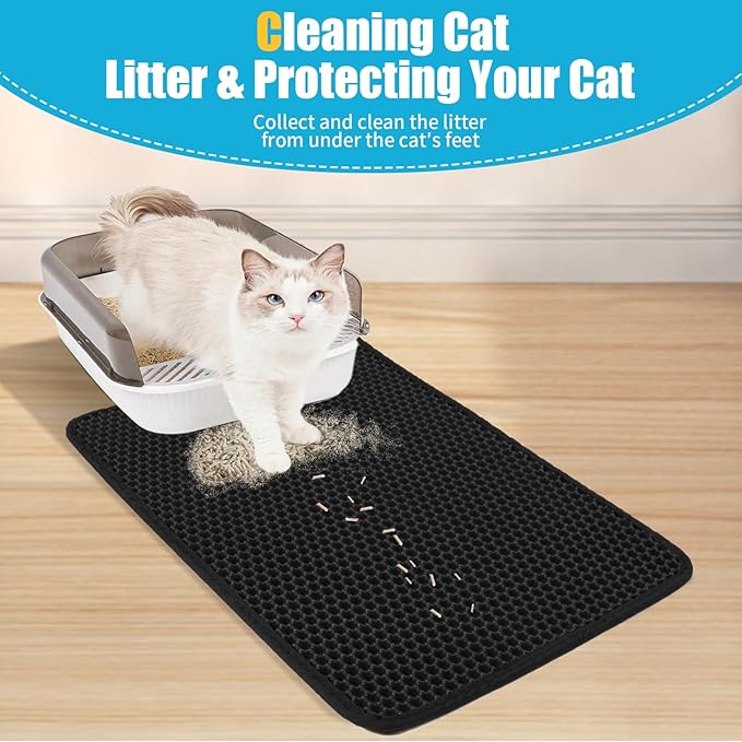 Cat Litter Mat, Kitty Litter Collector, Double Layered Honeycomb Design Waterproof, Anti Urine, Anti Slip, Easy to Clean, Limit Garbage (26"x46.5", Black)