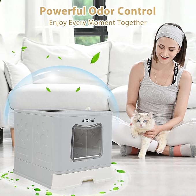 AiQInu Enclosed Cat Litter Box - Foldable Large Litter Box with Lid and Scoop High Sided Enclosure, Front Entry Top Exit, Odor Control, Anti Leakage No Smell, Easy Cleaning