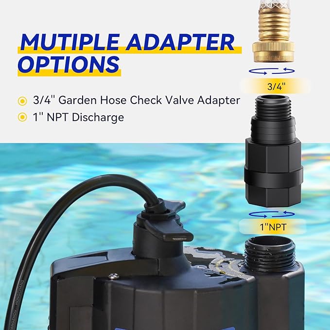 Acquaer 1/3 HP Submersible Water Pump, 115V Sump Pump with 3/4” Garden Hose Adapter, 2160 GPH High Flow Water Removal for Swimming Pool Cover Hot Tubs Flooded House Basement, Black