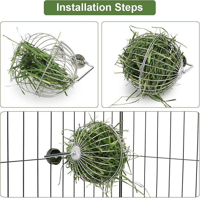 Rabbit Hay Ball Stainless Steel Hanging Feed Dispenser for Bunny Hamster Guinea Pig Rat Chinchilla (B: 5.11inch, Silver)
