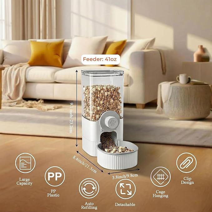 Auto Gravity Food Dispenser for Cage Hanging, 41OZ Capacity Hanging Automatic Pet Cage Feeder, Food Bowl for Cats Dogs Rabbit Ferret Chinchilla Bird Hedgehog Guinea Pig (White)
