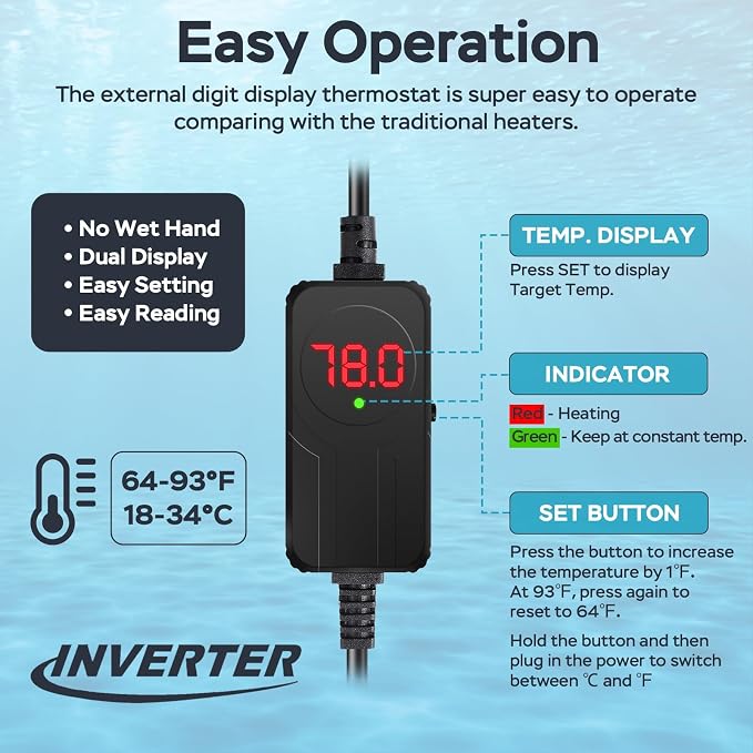 AquaMiracle Aquarium Heater, 500W Submersible Fish Tank Heater with LED Digital Display, Overheat Protection & Auto Power-Off When Out of Water, for Freshwater and Saltwater Fish Tanks (75-150 Gal)