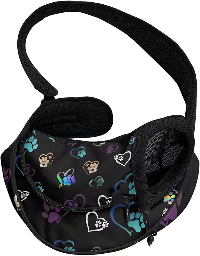 FUSURIRE Black Puppy Paws Print Pet Carrier Sling with Adjustable Strap and Zipper Open, Cute Small Dogs Cats Travel Carrier Bag for Women Men Black White Hand Free Pet Front Sling Pack