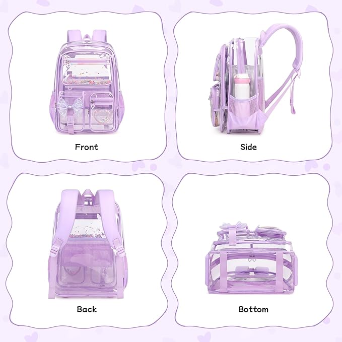 MOONBABY Clear Backpack for Girls, Clear Bookbag Heavy Duty Transparent Backpack for Stadium Events, See Through Back Pack for Kindergarten Elementary Middle High School, Purple