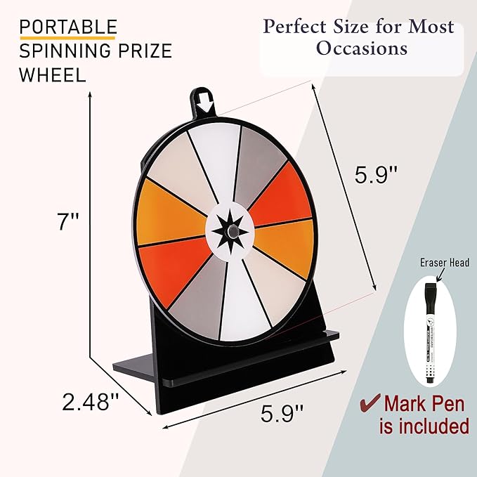 iobiotio 6 Inch Prize Wheel for Prizes, 10 Slots Game Spinner Wheel, Small Tabletop Roulette Spinner with Pen, Easy Assembly, Dry Erase, Portable, 6 inch, 5mm, Arylic