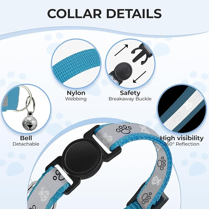 Cat Collar Breakaway, Reflective Kitten Collar with Bell, Safety Buckle Kitten Collar, Lightweight, Adjustable, Comfortable, Suitable for Boy Girl Cats (7"-13") Blue