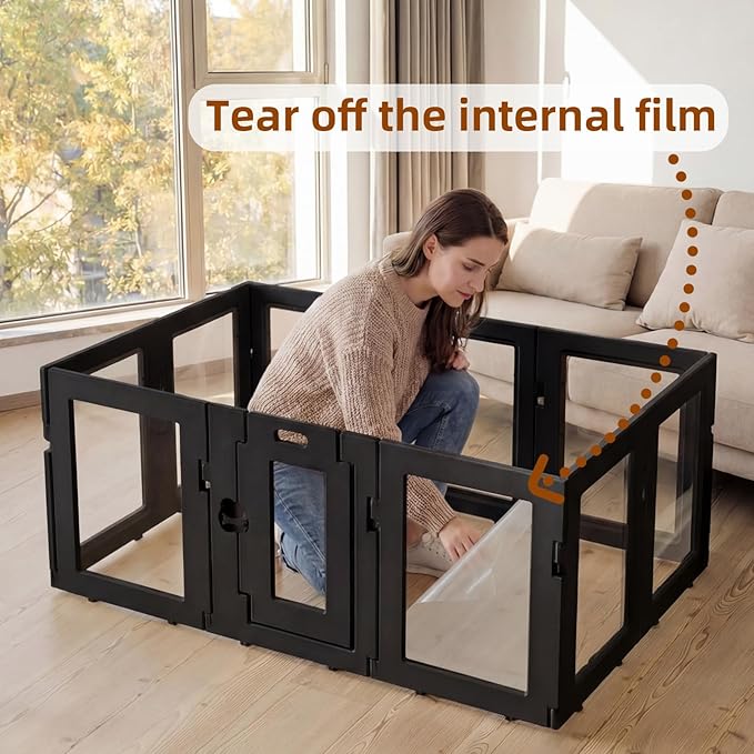 Clear Acrylic Dog Playpen with Door, Puppy Playpen for Indoor Use with Heavy Duty Door Lock, Easy Assemble Pet Pen Fence for Small Dogs and Puppies (Black, 24 in-H, 10 Panel)