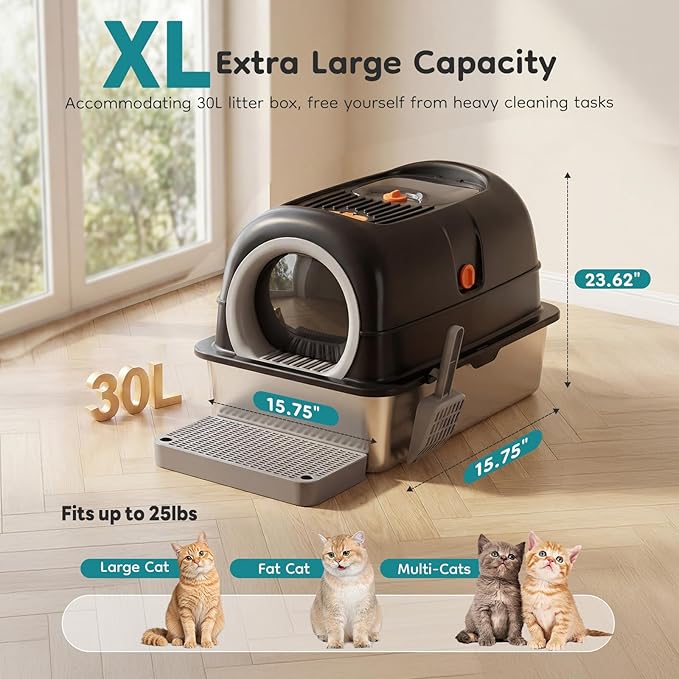 OLIXIS Stainless Steel Litter Box with Lid, Extra Large Enclosed Cat Litter Pan for Big Cats, High Sided Cat Box with Scoop & Mat, Front & Top Entry, Black