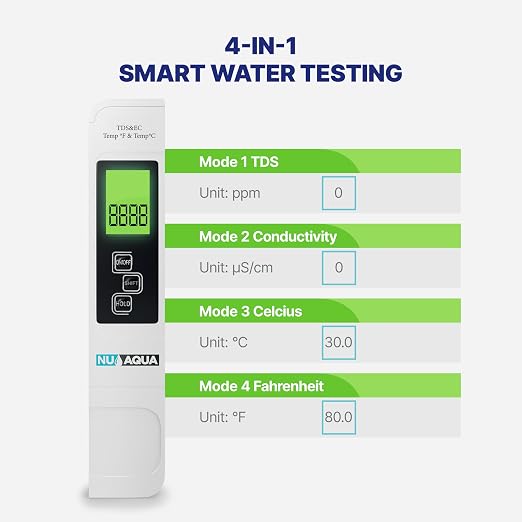 NU Aqua Digital Water Tester for Drinking Water Instant 4-in-1 TDS Testing | Easy To Read Accurate 3-Second 4-in-1 TDS Testing pH, EC, & Temp - Perfect for RO Systems, Aquariums, Hydroponics and Pools,