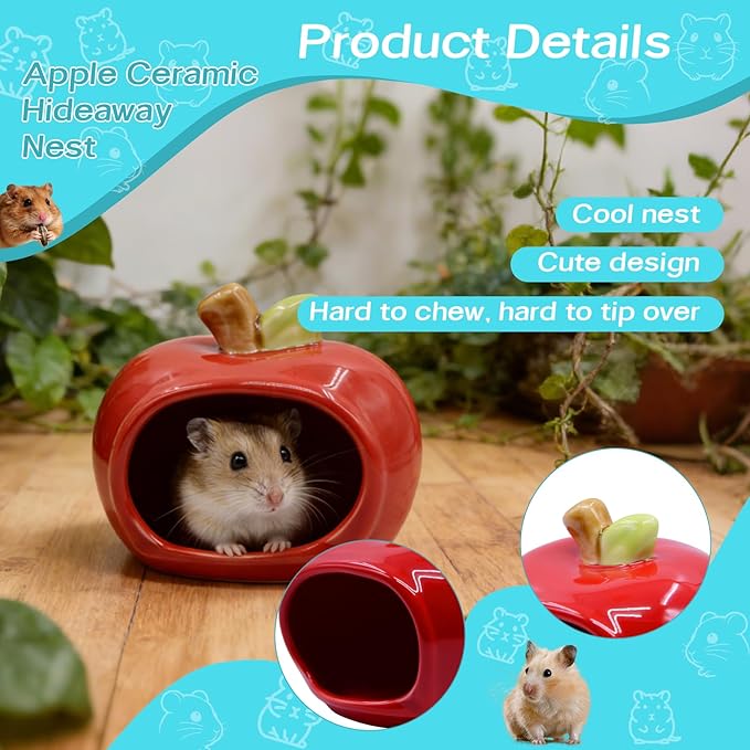 Cute Ceramic Hamster Hideout Habitats Syrian Dwarf Hamster Hide Hideaway House Cozy Bed Mini Chinchilla Gerbils Mice Hut Small Animals Sand Bath Cave Cage Accessories (Red)