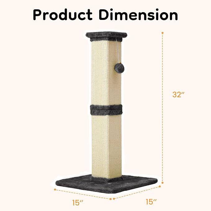 32" Tall Cat Scratching Post, Cat Scratcher with Heavy Duty Thick Wood Base, Cat Tower with Natural Sisal Rope and Hanging Ball, Plant-Like Design Scratching Post, for Small and Adult Kittens, Grey