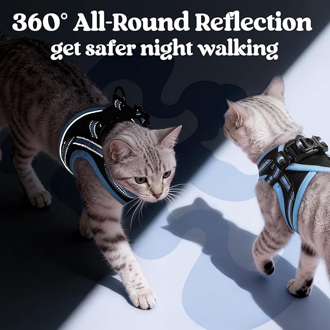 rabbitgoo Cat Harness and Leash Set for Walking Escape Proof, Adjustable Soft Kittens Vest with Reflective Strip for Cats, Comfortable Outdoor Vest, Black & Light Blue, S