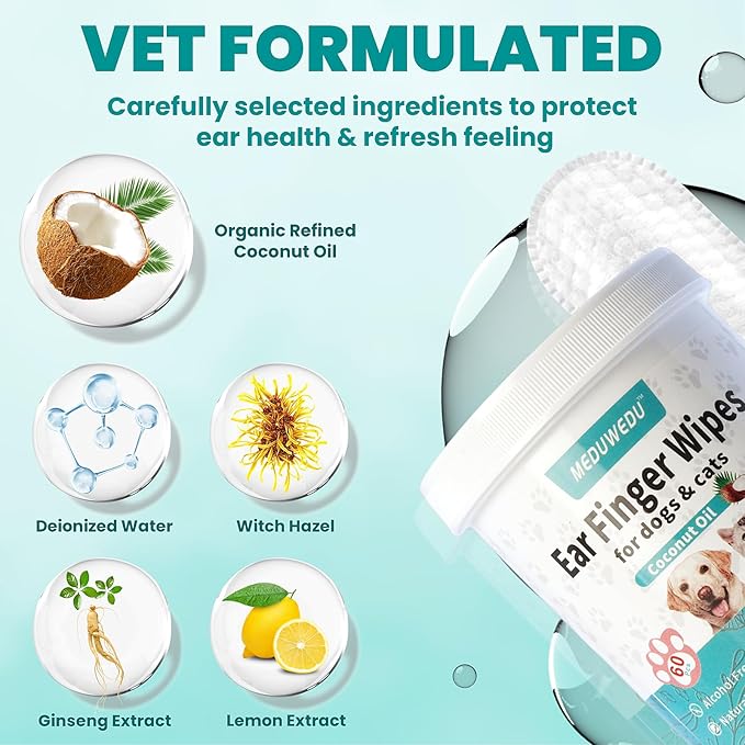 MEDUWEDU Ear Cleaner Finger Wipes 60 Counts, Dog Ear Cleaner,Soft & Easy Otic Cleaning Pads, Remove Wax, Dirt & Stop Smelly, Itchy, Non-Irritating, Grapefruit Scent