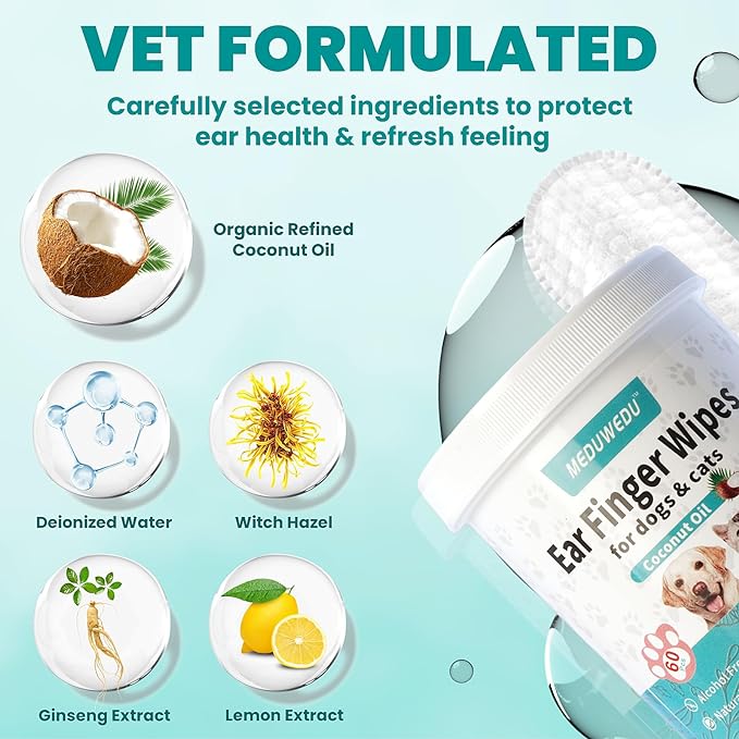 MEDUWEDU Ear Cleaner Finger Wipes 60 Counts, Dog Ear Cleaner, Grooming Kit Care for Dogs and Cats, Soft & Easy Otic Cleaning Pads, Remove Wax, Dirt & Stop Smelly, Itchy, Non-Irritating, Peach Scent