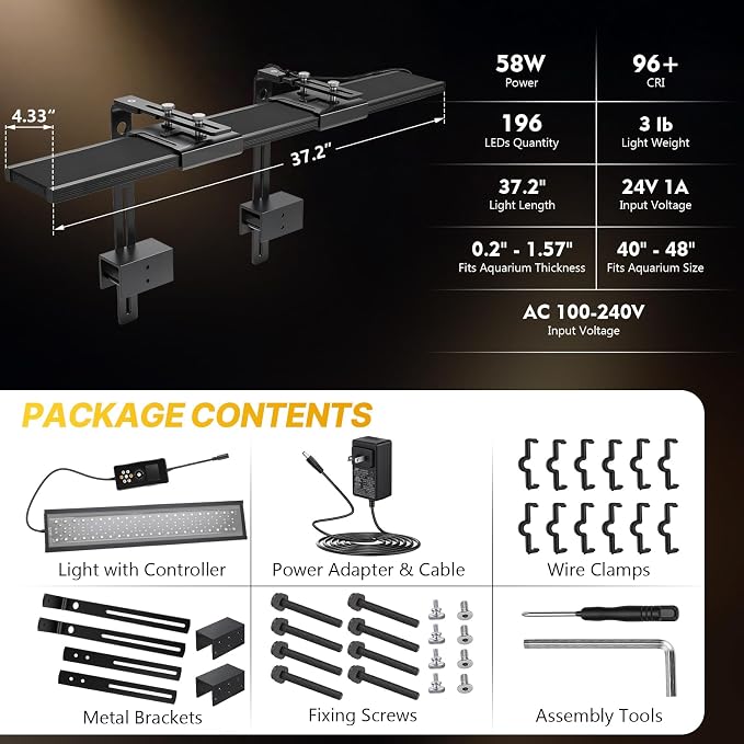 fishkeeper Clip-on Planted Aquarium Light, 6 Row LED, 58W, Dual Light Riser | 40-48in Full Spectrum Fish Tank Light with 24/7 Natural Mode, DIY Mode, Adjustable Height/Front-to-Back Aquarium Lamp Holders
