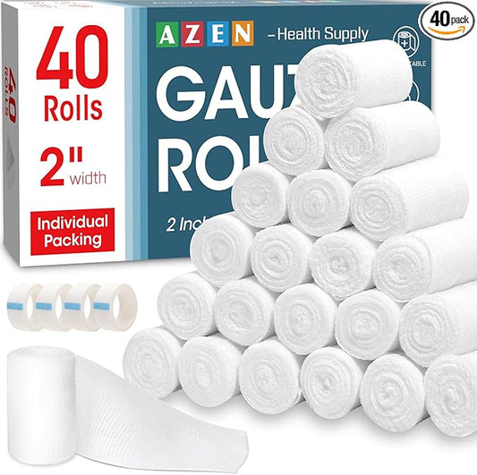 AZEN 40 Pack Gauze Rolls Bandages, 2 in x 4.1 Yards, Premium Medical Supplies & First Aid Supplies, Bandage Wrap Vet Wrap, Mummy Wraps