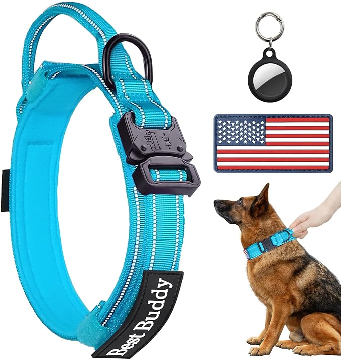 AUBELL Reflective Tactical Dog Collar,Adjustable Military Heavy Duty K9 Collars with Handle and Quick Release Metal Buckle Great for Large Dogs, with Airtag Case and 2 Patches (Blue,L)