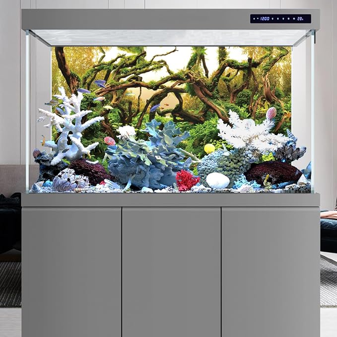 48x24 in Branches Aquarium Backdrop Aquatic Plant Fish Tank Background | AWERT Moss Driftwood River Bed & Lake Aquarium Background Vinyl