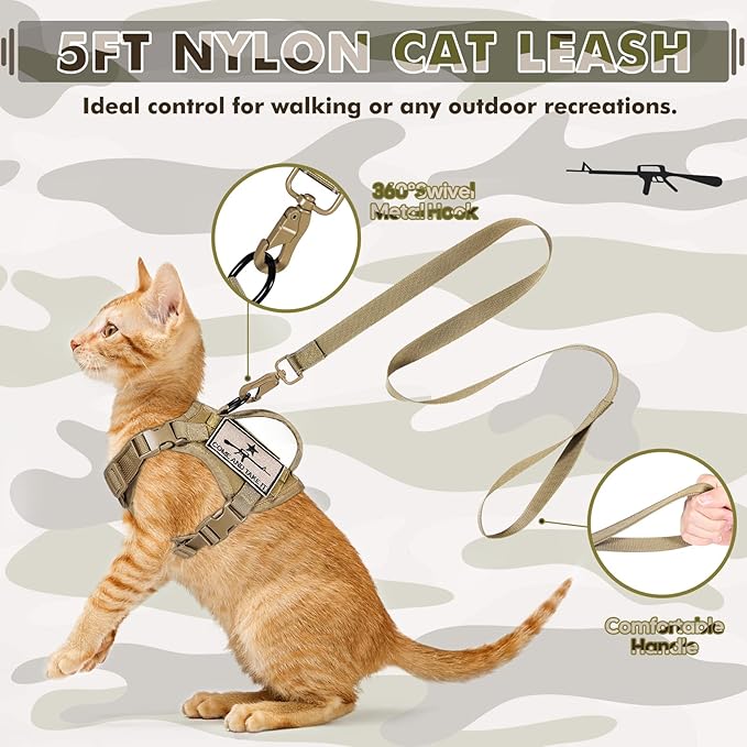 Tactical Cat Harness and Leash, Escape Proof Large Cat Walking Vest,Adjustable Soft Mesh Pet Vest Harness with Control Handle, Molle Patches Khaki