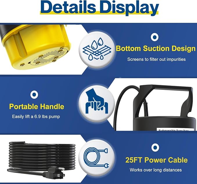AgiiMan 3500GPH Pool Cover Pump, 1HP Submersible Sump Pump, Yellow | 25FT Power Cord, 17FT Lift, IPX8 Thermoplastic Housing, Thermal Protection, Low Suction for Pools, Basements and Ponds