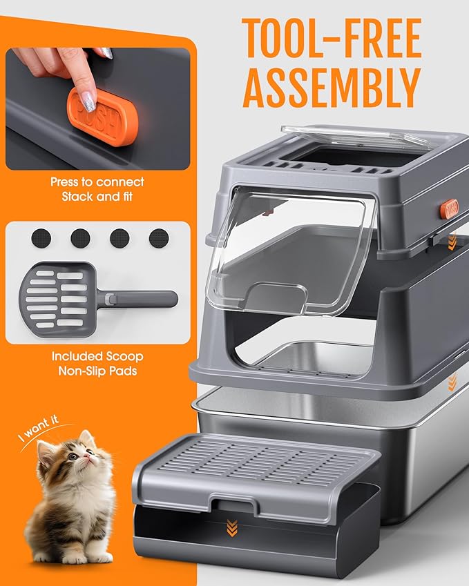 Powools Cat Litter Box - Stainless Steel Litter Box with Lid for Kitty, Metal Base Enclosed Cat Box with Litter Scoop, Elevated Step Box, Activated-Carbon Pack, 23.6" x 15.7" x 15", Grey