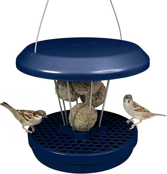 SWISSINNO Bird Feeders - No Mess Fat Ball/Suet Feeder for Outdoors Hanging - Smart Birds Lucerne Spill Proof Wild Cardinal Bird Feeder with Integrated Seed Catcher Tray - Indigo