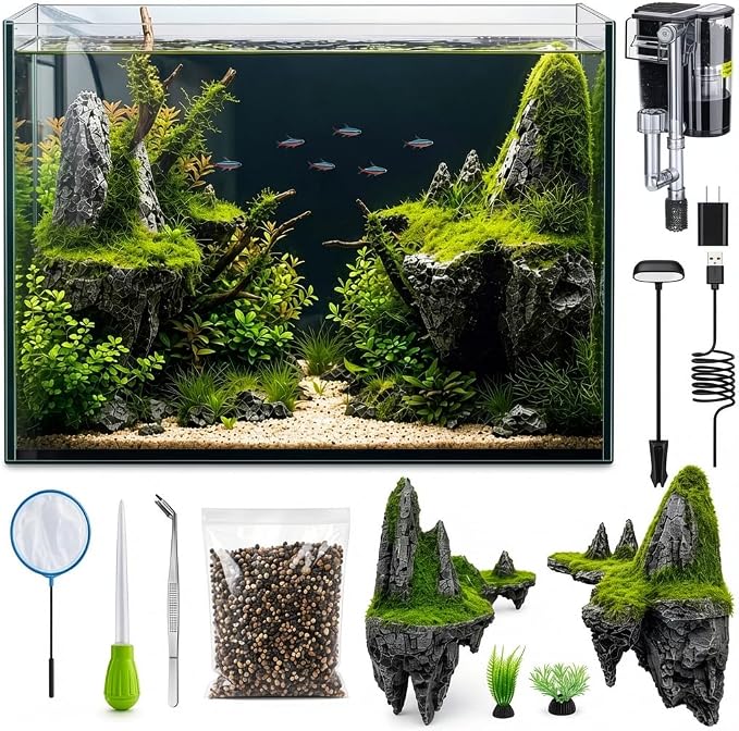2 Gallon Small Fish Tank Starter Kit with Light, Filter and Mountain Decor | Desktop Betta and Shrimp Habitat with Lid, Gravel, Plants and Aquascaping Tools for Beginners