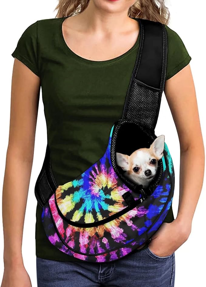 FUSURIRE Tie Dye Pet Carrier Front Bag with Zipper Open and Adjustable Shoulder Strap, Vintage Style Small Dogs Cat Travel Pet Carrier Sling Breathable Mesh Hand Free Design Pet Pack Bag