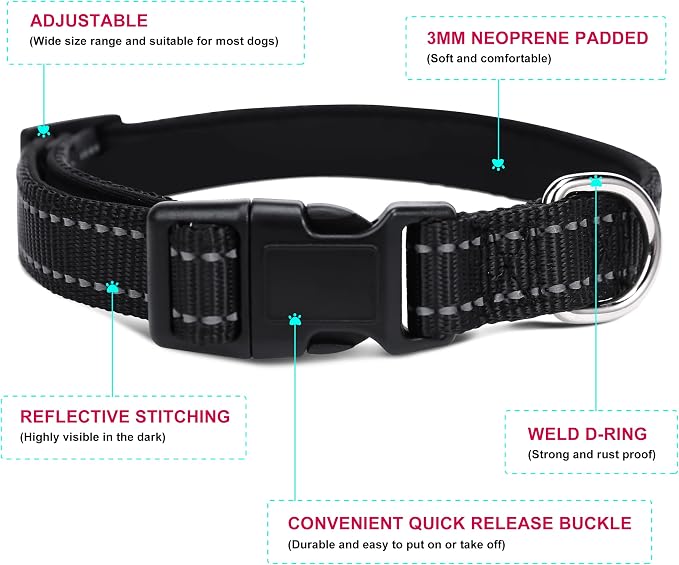 Soft Neoprene Padded Dog Collar and Leash Set for Small Medium Large Dogs, Reflective Durable Nylon Dog Collar with 5ft Leash Easy for Walking, Black,Neck fit 10.5-15.5’’